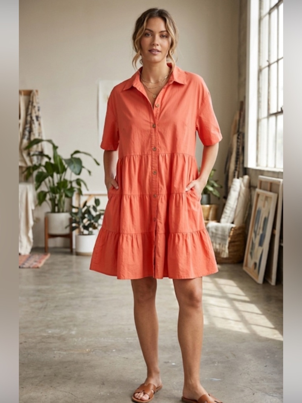 Anthropologie Porridge Coral Tiered Button-Down Shirt Dress